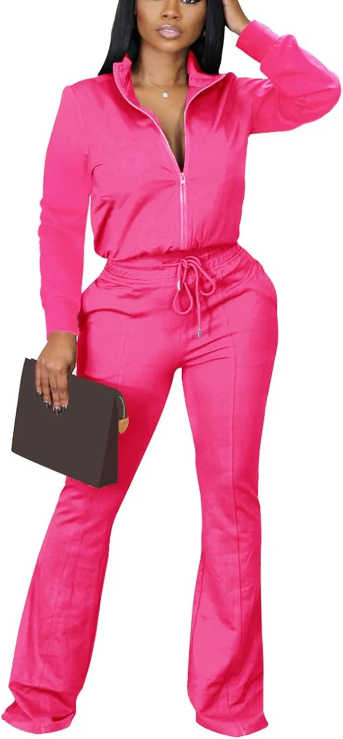 2 Piece Outfits for Women Long Sleeve Zipup Jacket Wide Leg Pants Retro Pure Color Tracksuit Sport Set Wine Red