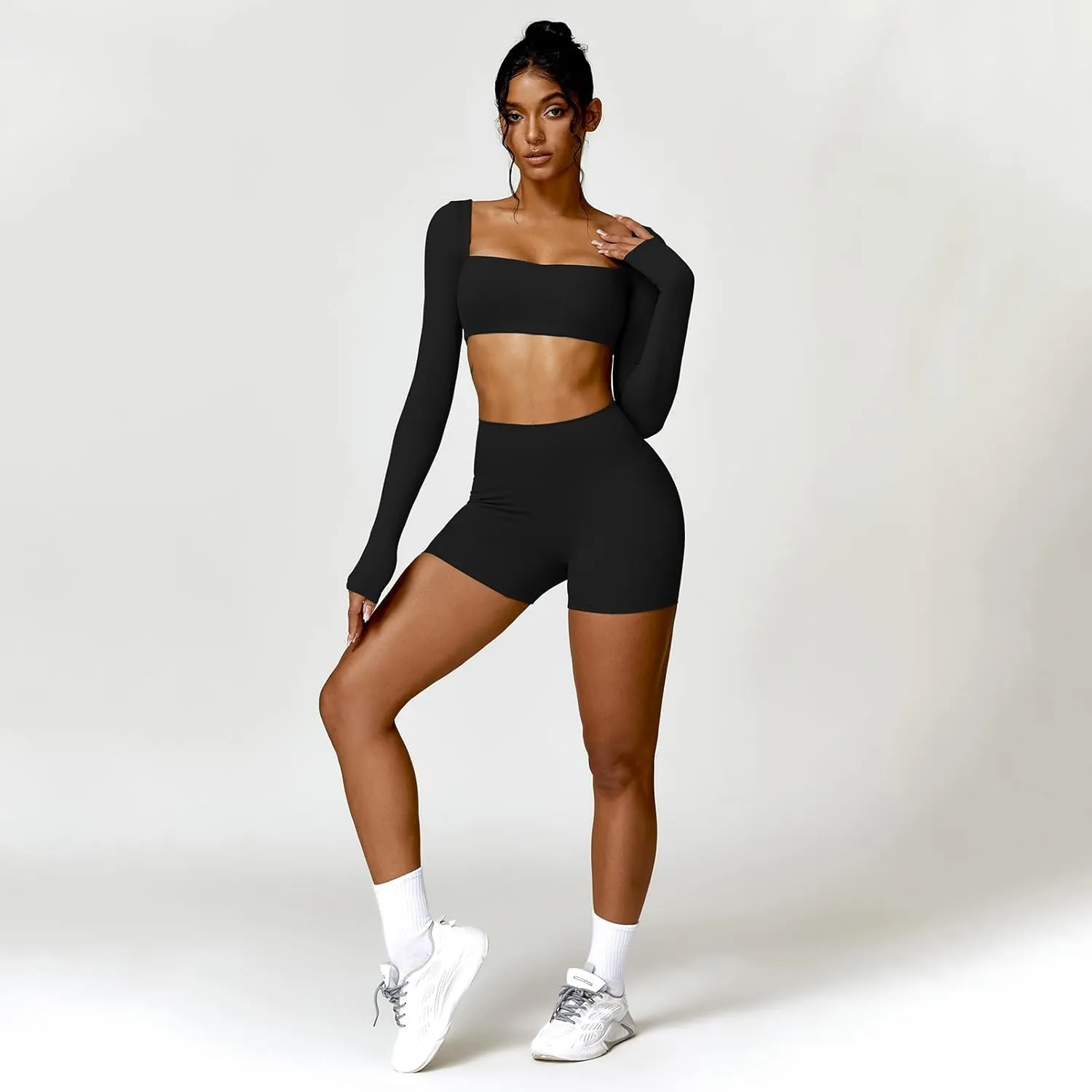2 Piece Workout Sets for Women Long Sleeve Crop Tops and Yoga Pants Outfits High Waist Flared Leggings Gym Sets