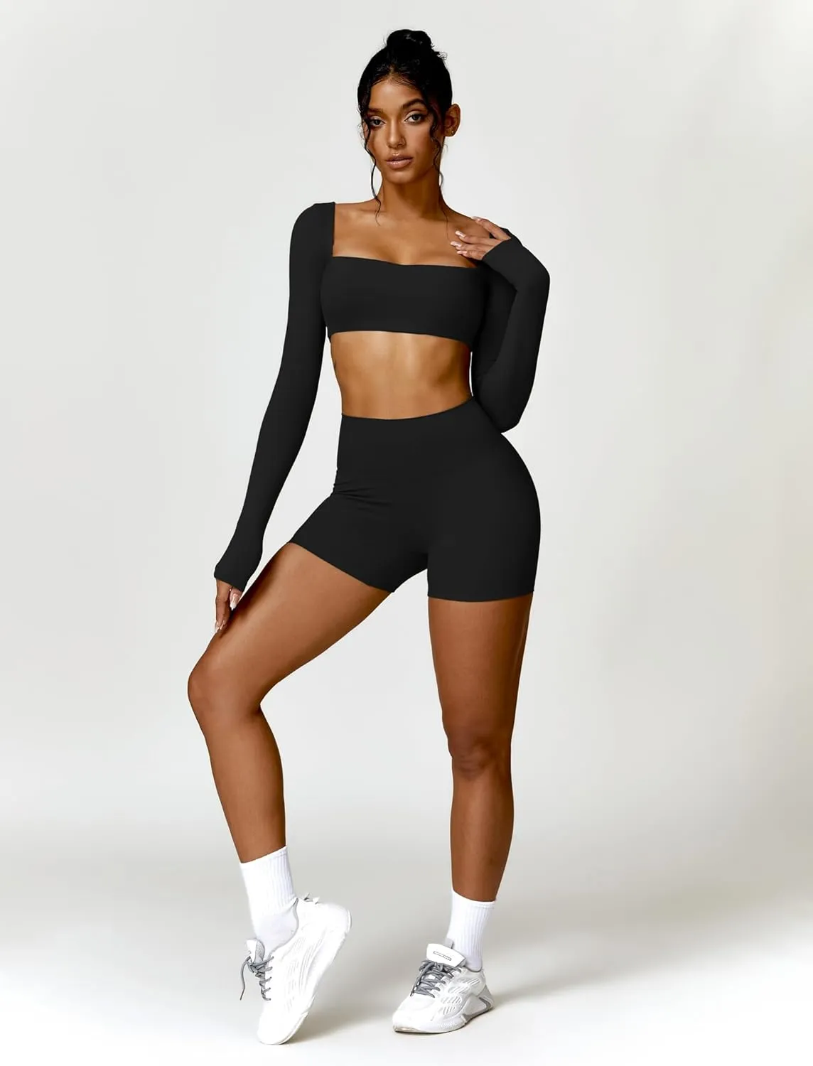 2 Piece Workout Sets for Women Long Sleeve Crop Tops and Yoga Pants Outfits High Waist Flared Leggings Gym Sets