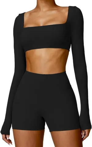 2 Piece Workout Sets for Women Long Sleeve Crop Tops and Yoga Pants Outfits High Waist Flared Leggings Gym Sets