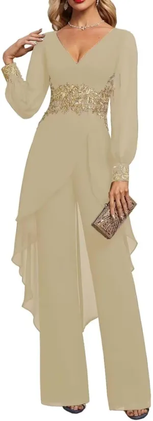 2 Pieces Mother of The Bride Pant Suits for Wedding Lace Appliques Chiffon Pantsuits for Wedding Guest