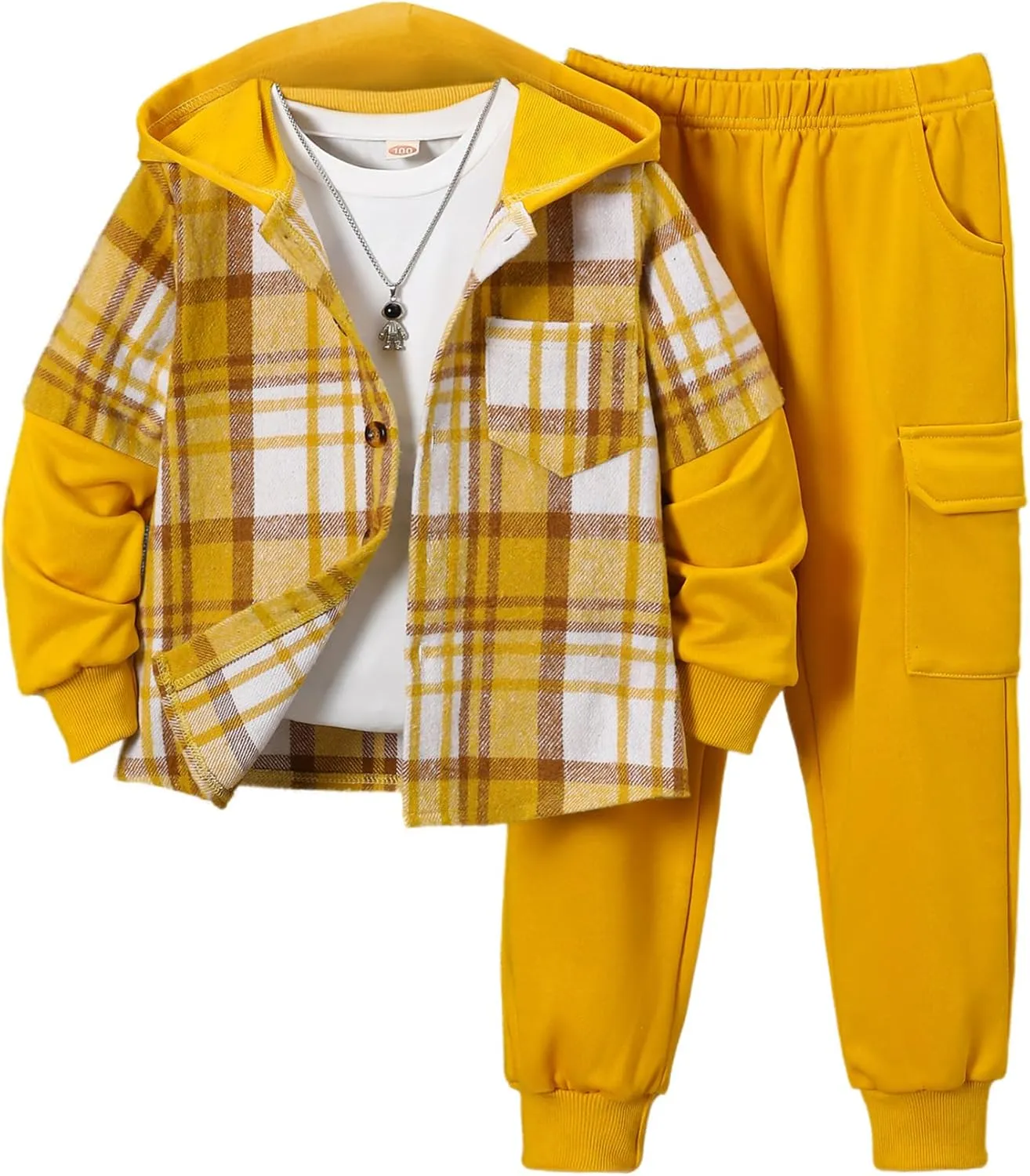 2Pcs Kids Boys Flannel Plaid Shirt Tops Pants Set Hoodie Sweatsuit for Fall Winter Spring Outfits 4-12 Years