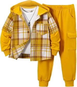2Pcs Kids Boys Flannel Plaid Shirt Tops Pants Set Hoodie Sweatsuit for Fall Winter Spring Outfits 4-12 Years