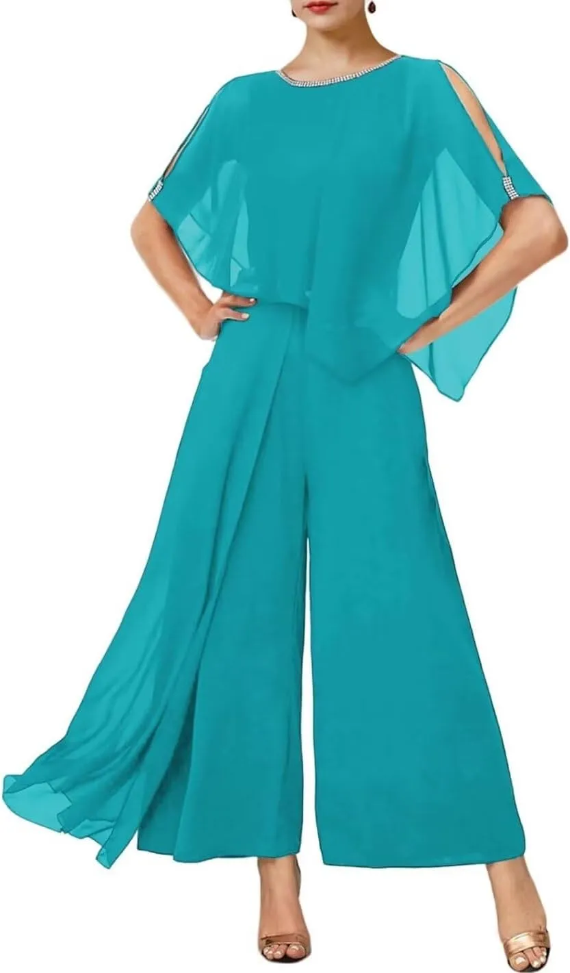 3 Pieces Mother of The Bride Pant Suits for Wedding Chiffon Pant Suits for Women Dressy Bead Jumpsuits