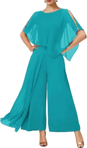 3 Pieces Mother of The Bride Pant Suits for Wedding Chiffon Pant Suits for Women Dressy Bead Jumpsuits