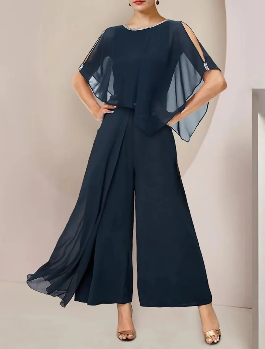 3 Pieces Mother of The Bride Pant Suits for Wedding Chiffon Pant Suits for Women Dressy Bead Jumpsuits