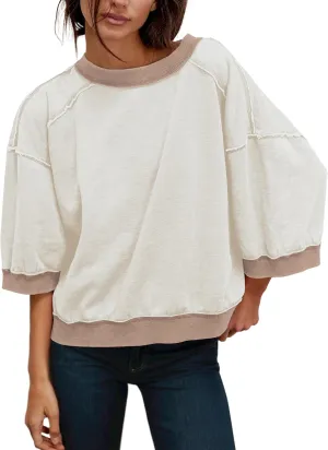 3/4 Sleeve Sweatshirt Women Oversized Vintage Patchwork Exposed Seam Crewneck Pullover Tops Summer Fall Clothes