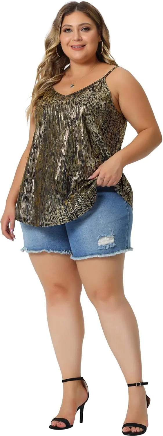 Agnes Orinda Plus Size Sequin Tank Tops for Women V Neck Bronzing Glitter Cami Sleeveless Camisole Vest