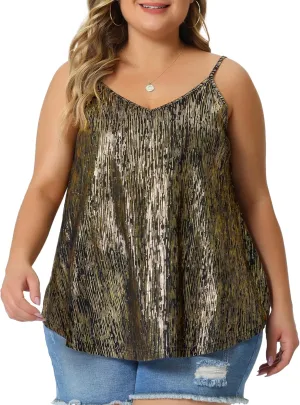 Agnes Orinda Plus Size Sequin Tank Tops for Women V Neck Bronzing Glitter Cami Sleeveless Camisole Vest