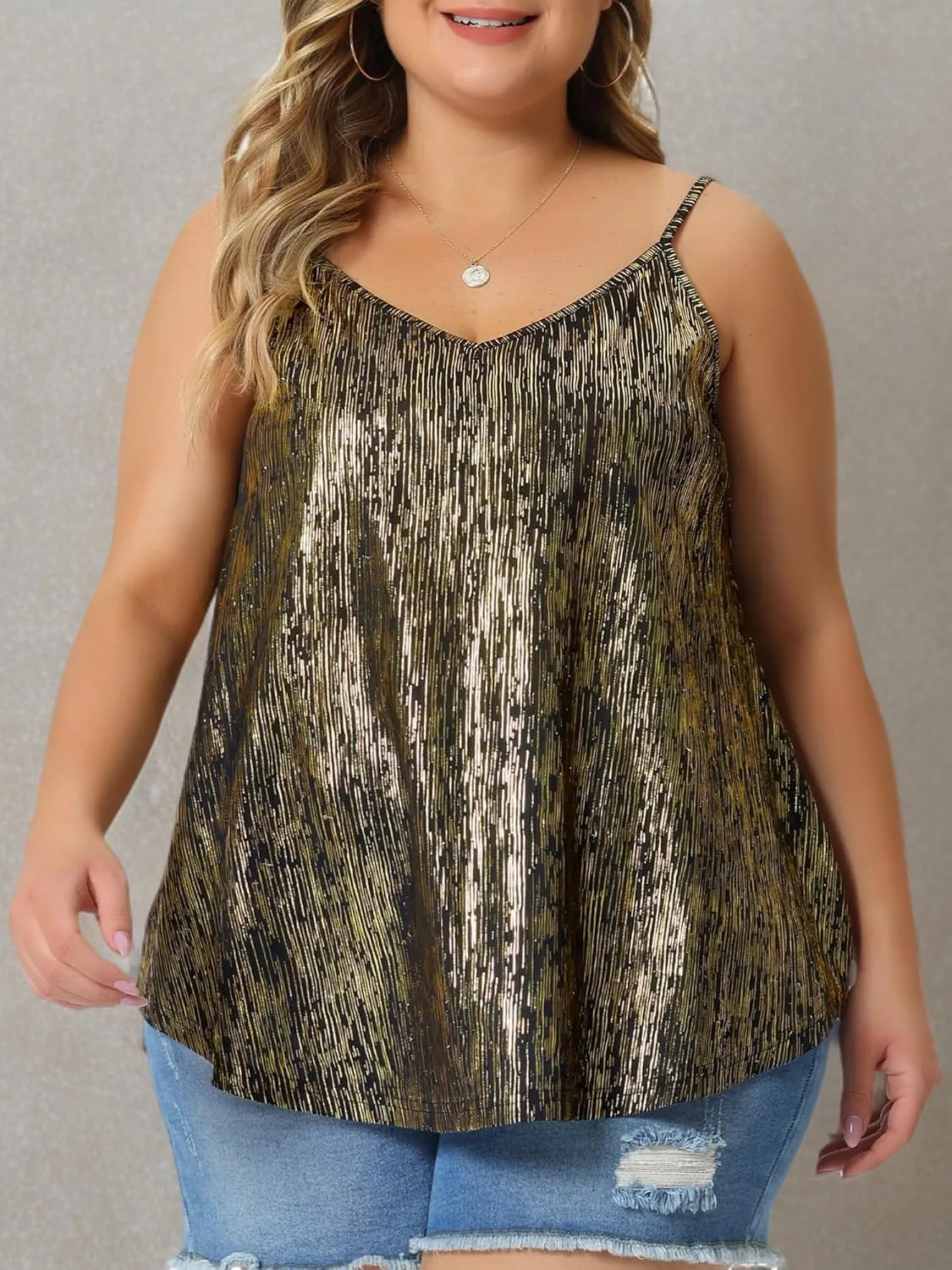Agnes Orinda Plus Size Sequin Tank Tops for Women V Neck Bronzing Glitter Cami Sleeveless Camisole Vest