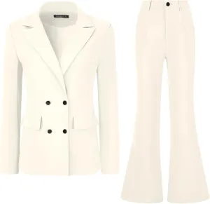 Allegra K 2 Piece Work Suit for Women's Business Formal Double-Breasted Blazer and Pants Set