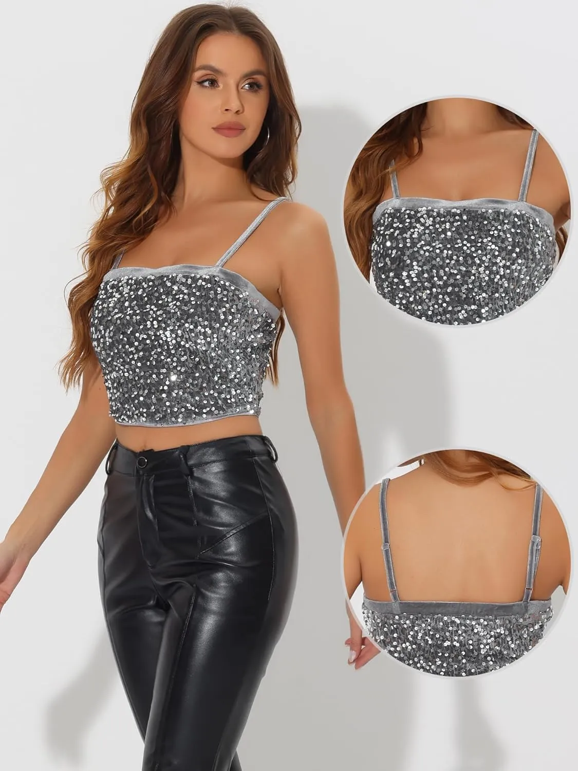 Allegra K Sequined Cami Top for Women's Velvet Spaghetti Strap Club Party Crop Tank Tops
