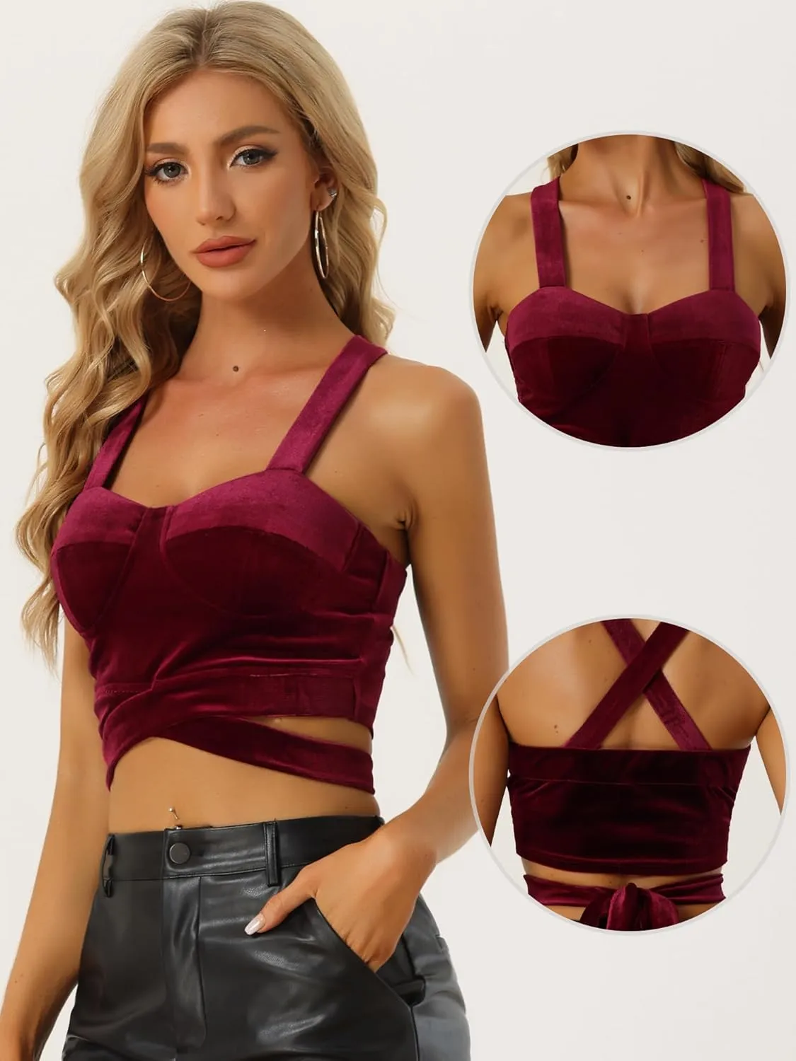 Allegra K Velvet Cami Tank Tops for Women's Christmas Sleeveless Spaghetti Strap Deep V Sexy Crop Top for Christmas