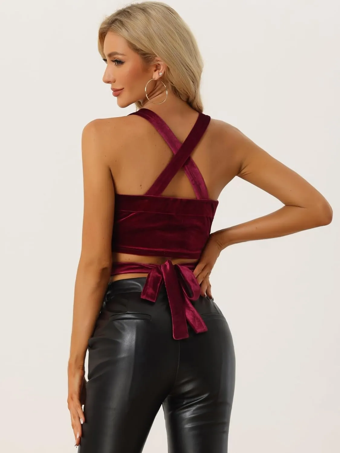 Allegra K Velvet Cami Tank Tops for Women's Christmas Sleeveless Spaghetti Strap Deep V Sexy Crop Top for Christmas