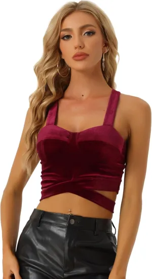 Allegra K Velvet Cami Tank Tops for Women's Christmas Sleeveless Spaghetti Strap Deep V Sexy Crop Top for Christmas
