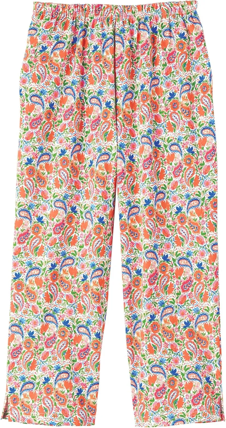 AmeriMark Womens Capri Pants - Full Elastic Waist Pedal Pushers - Ladies 100% Cotton Pull-On Cropped Pants - Side Pockets
