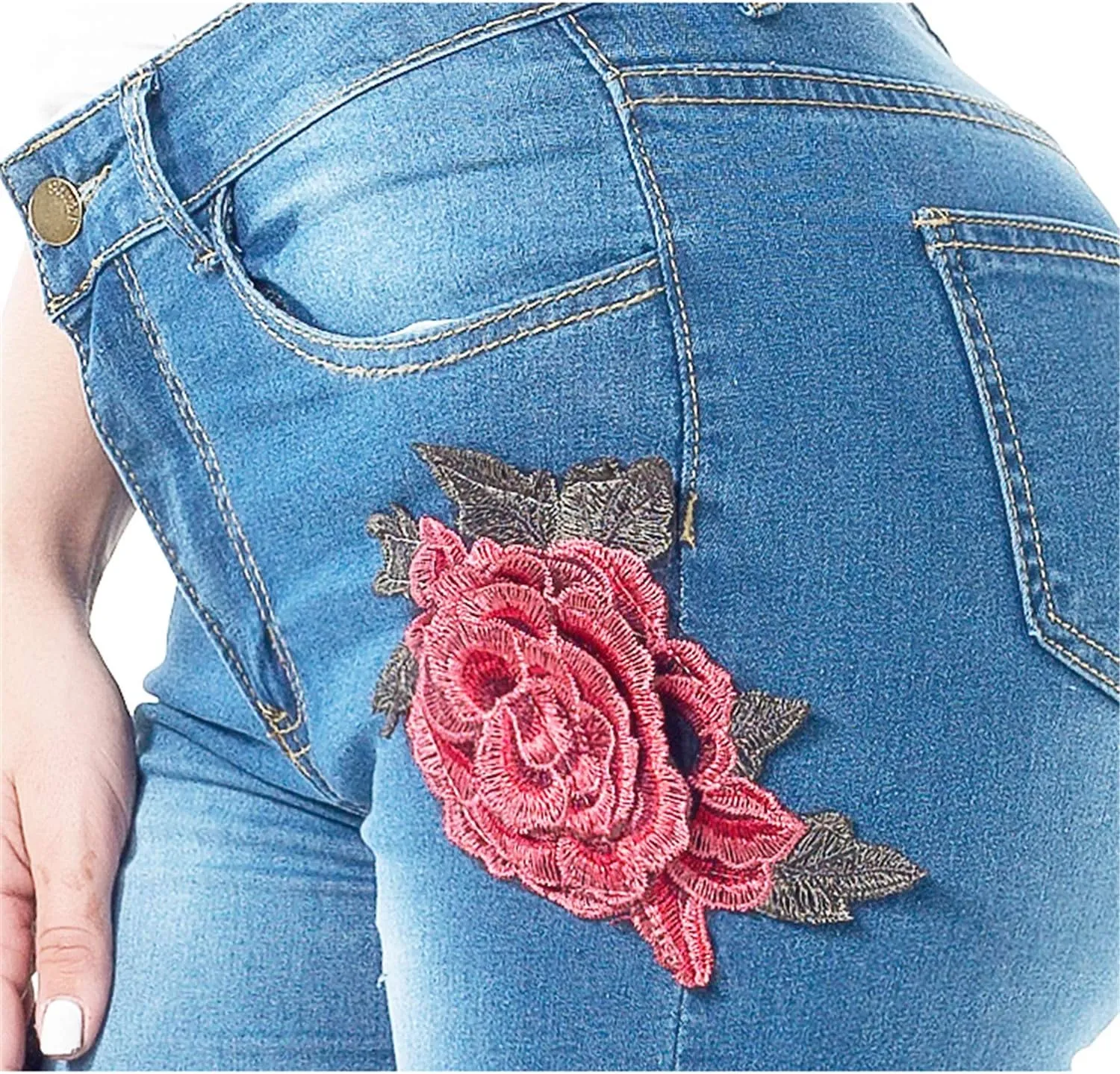Andongnywell Women High Waist Embroidered Destroyed Ripped Skinny Jeans Flower Embroidery Denim Pants Trousers