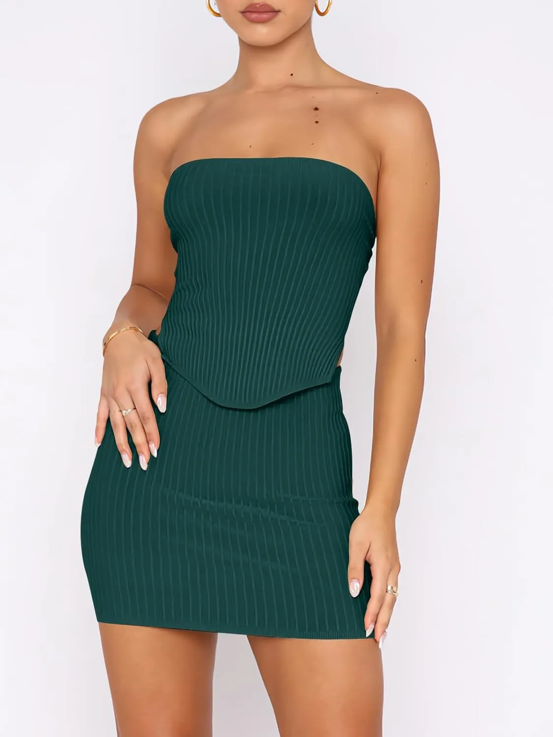 ANRABESS Women 2 Piece Skirt Sets Summer Strapless Crop Top Matching Bodycon Sexy Going Out Mini Club Dress Outfit Clothes