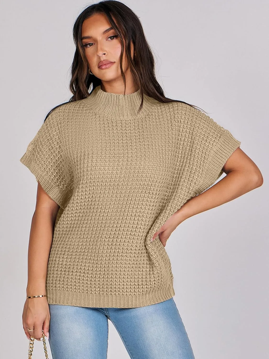 ANRABESS Womens Oversized Short Batwing Sleeve Sweater Mock Neck Casual 2024 Summer Fall Knit Sleeveless Pullover Vest Tops