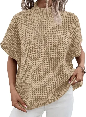 ANRABESS Womens Oversized Short Batwing Sleeve Sweater Mock Neck Casual 2024 Summer Fall Knit Sleeveless Pullover Vest Tops