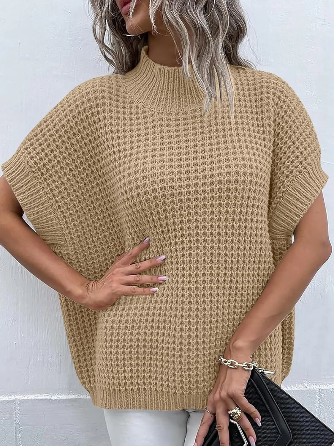 ANRABESS Womens Oversized Short Batwing Sleeve Sweater Mock Neck Casual 2024 Summer Fall Knit Sleeveless Pullover Vest Tops