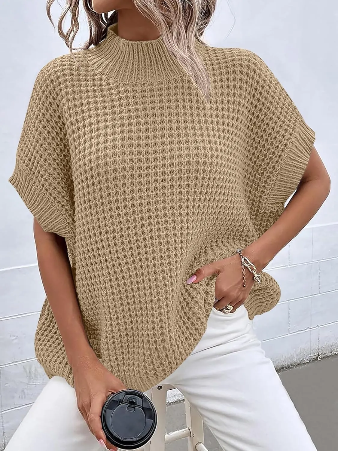 ANRABESS Womens Oversized Short Batwing Sleeve Sweater Mock Neck Casual 2024 Summer Fall Knit Sleeveless Pullover Vest Tops