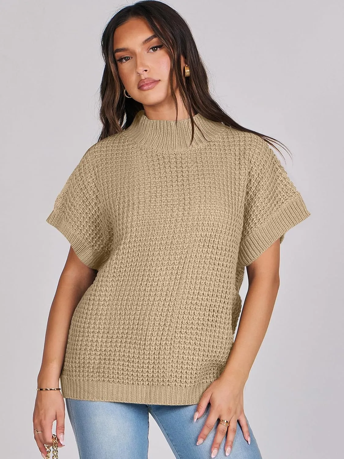 ANRABESS Womens Oversized Short Batwing Sleeve Sweater Mock Neck Casual 2024 Summer Fall Knit Sleeveless Pullover Vest Tops