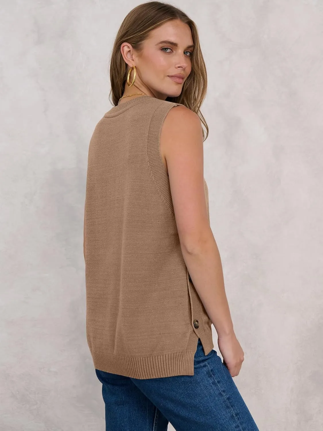 ANRABESS Womens Sweater Vest Summer Sleeveless Crewneck Ribbed Knit Side Button Pullover Tank Tops 2025 Outfits