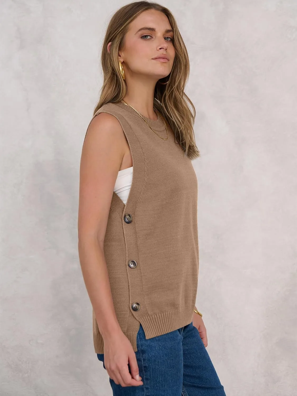 ANRABESS Womens Sweater Vest Summer Sleeveless Crewneck Ribbed Knit Side Button Pullover Tank Tops 2025 Outfits