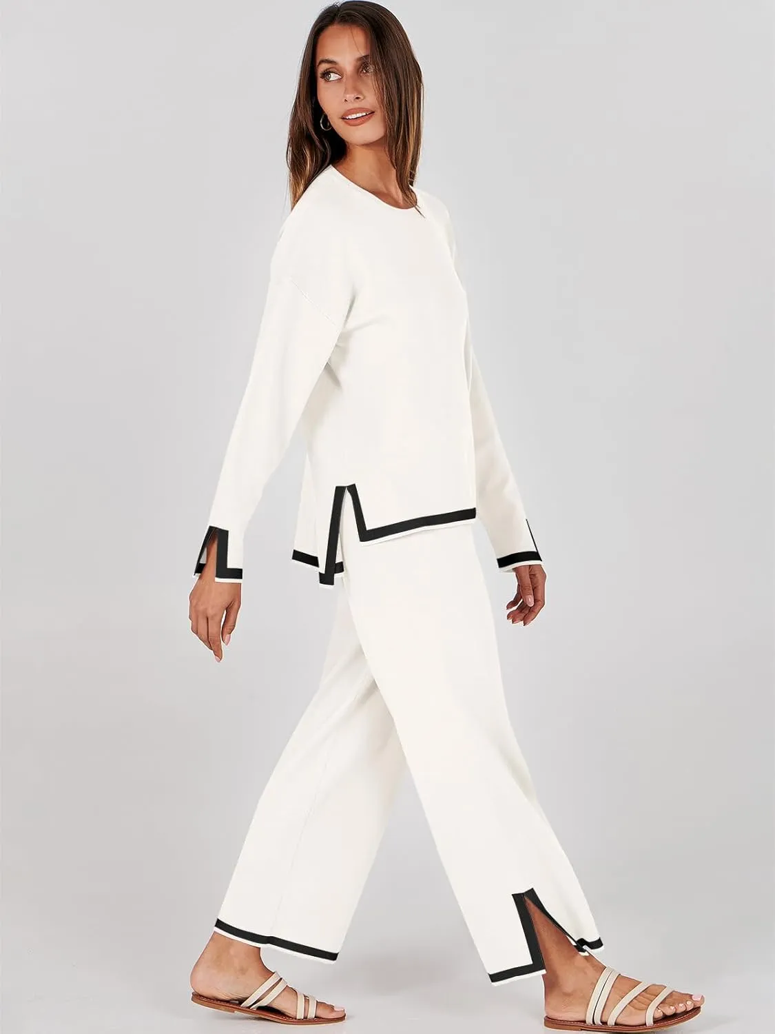 ANRABESS Women's Two Piece Outfits Knit Pullover Sweater Tops & Wide leg Pants Lounge Matching Sweatsuit Tracksuits Sets