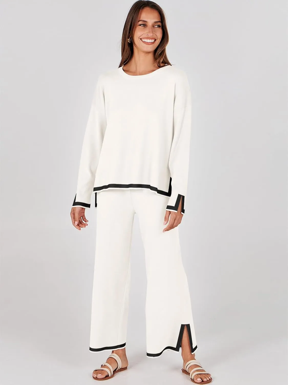 ANRABESS Women's Two Piece Outfits Knit Pullover Sweater Tops & Wide leg Pants Lounge Matching Sweatsuit Tracksuits Sets
