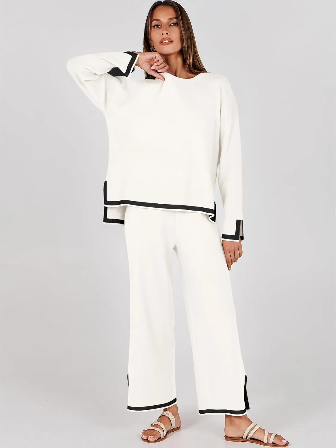 ANRABESS Women's Two Piece Outfits Knit Pullover Sweater Tops & Wide leg Pants Lounge Matching Sweatsuit Tracksuits Sets