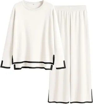 ANRABESS Women's Two Piece Outfits Knit Pullover Sweater Tops & Wide leg Pants Lounge Matching Sweatsuit Tracksuits Sets