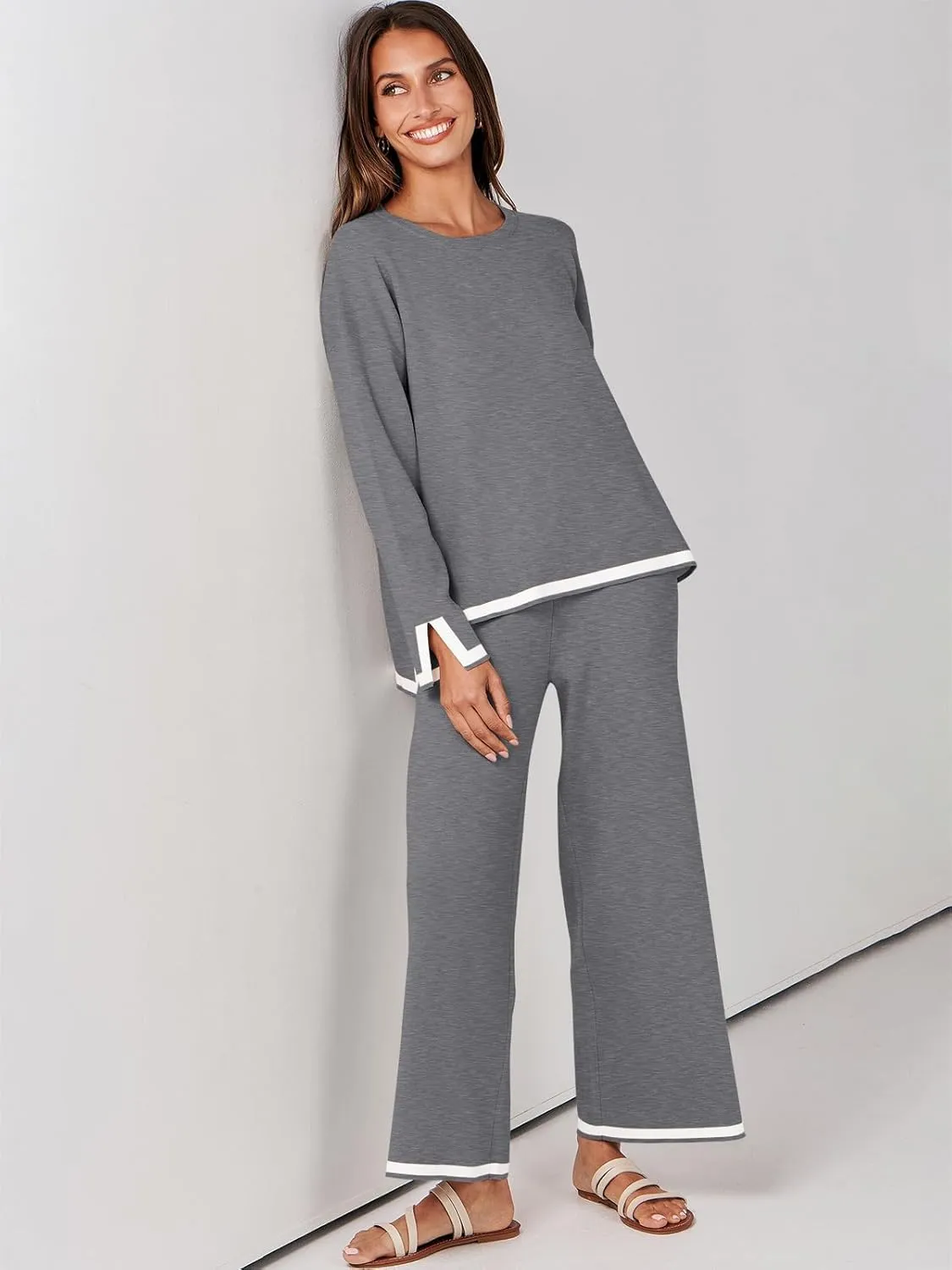 ANRABESS Women's Two Piece Outfits Knit Pullover Sweater Tops & Wide leg Pants Lounge Matching Sweatsuit Tracksuits Sets