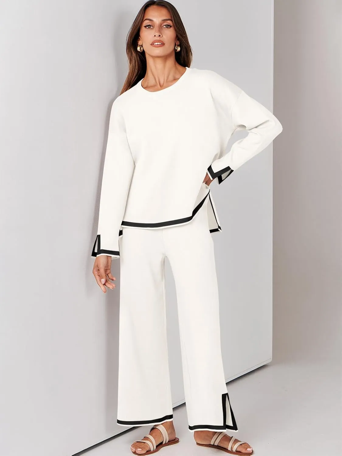 ANRABESS Women's Two Piece Outfits Knit Pullover Sweater Tops & Wide leg Pants Lounge Matching Sweatsuit Tracksuits Sets