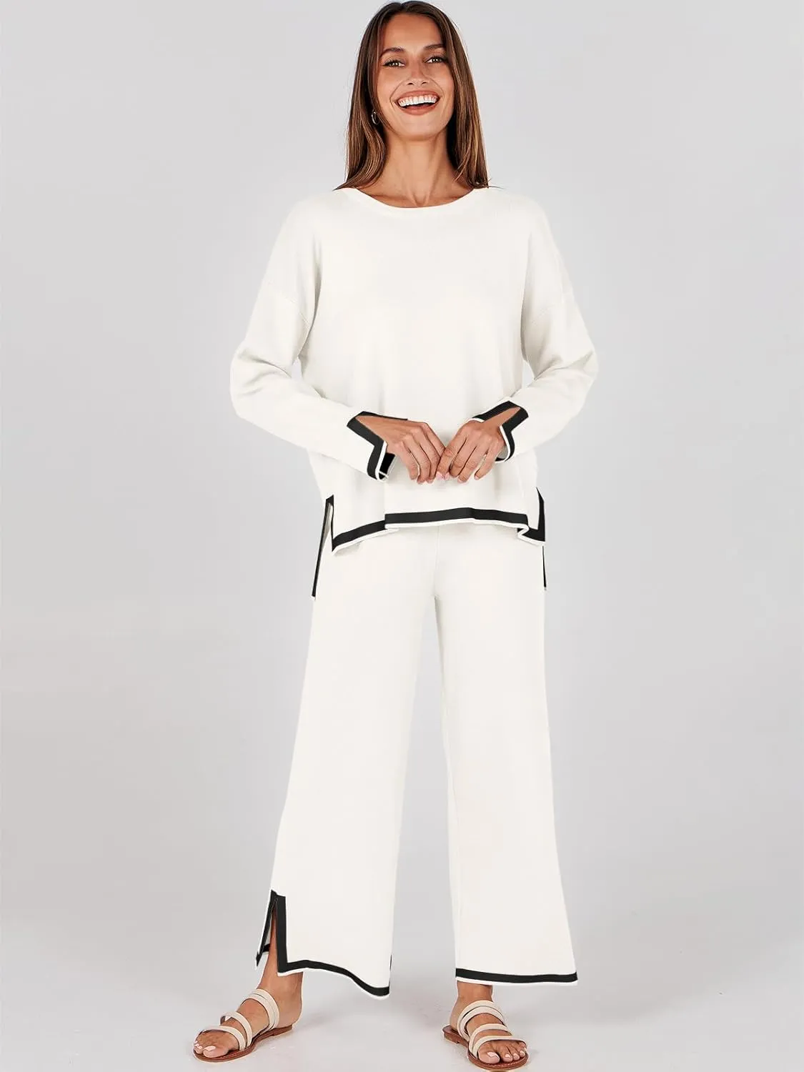 ANRABESS Women's Two Piece Outfits Knit Pullover Sweater Tops & Wide leg Pants Lounge Matching Sweatsuit Tracksuits Sets