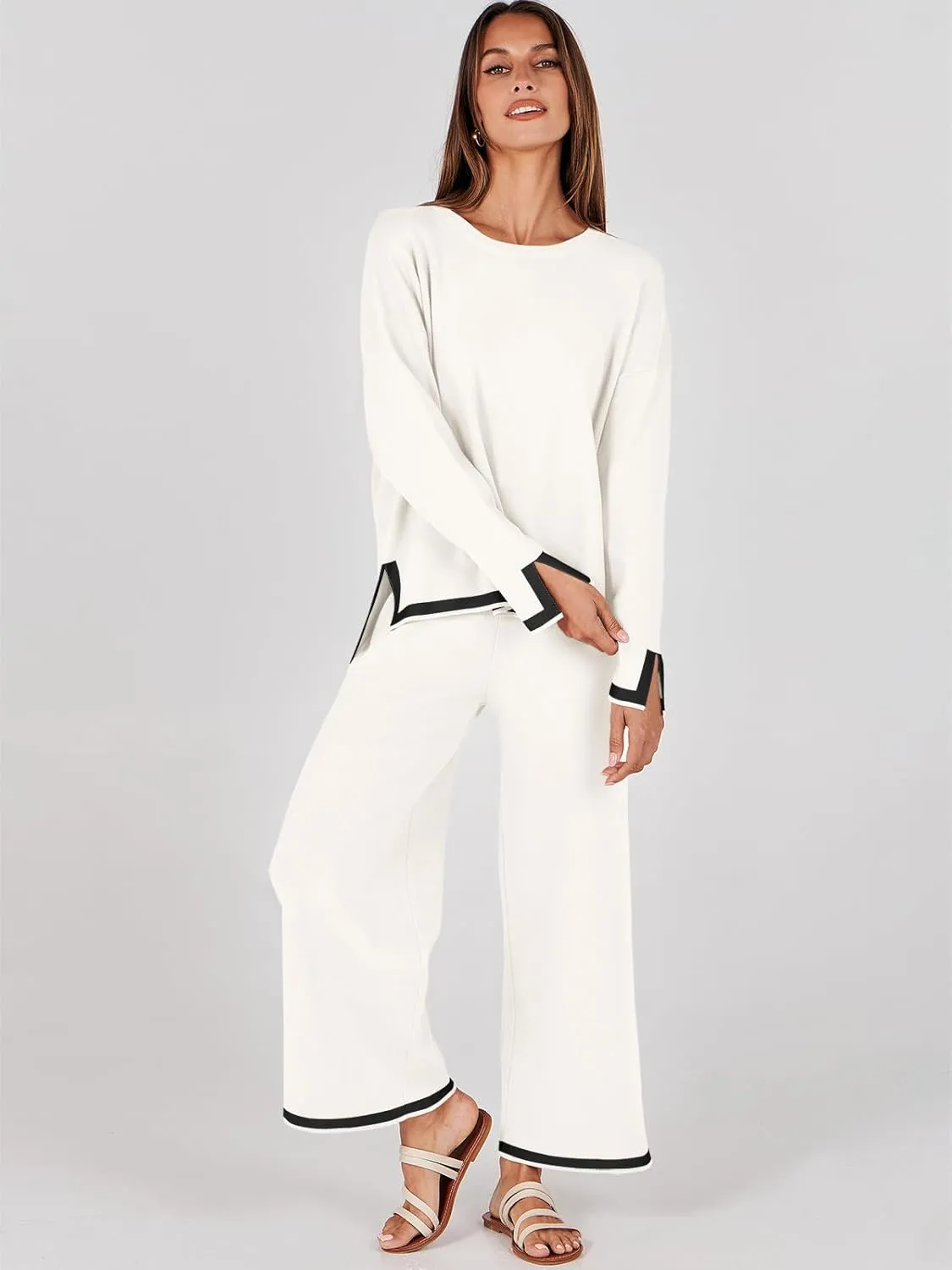ANRABESS Women's Two Piece Outfits Knit Pullover Sweater Tops & Wide leg Pants Lounge Matching Sweatsuit Tracksuits Sets