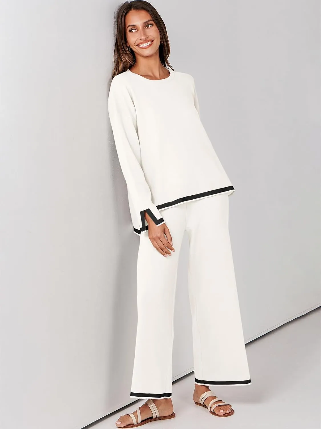 ANRABESS Women's Two Piece Outfits Knit Pullover Sweater Tops & Wide leg Pants Lounge Matching Sweatsuit Tracksuits Sets