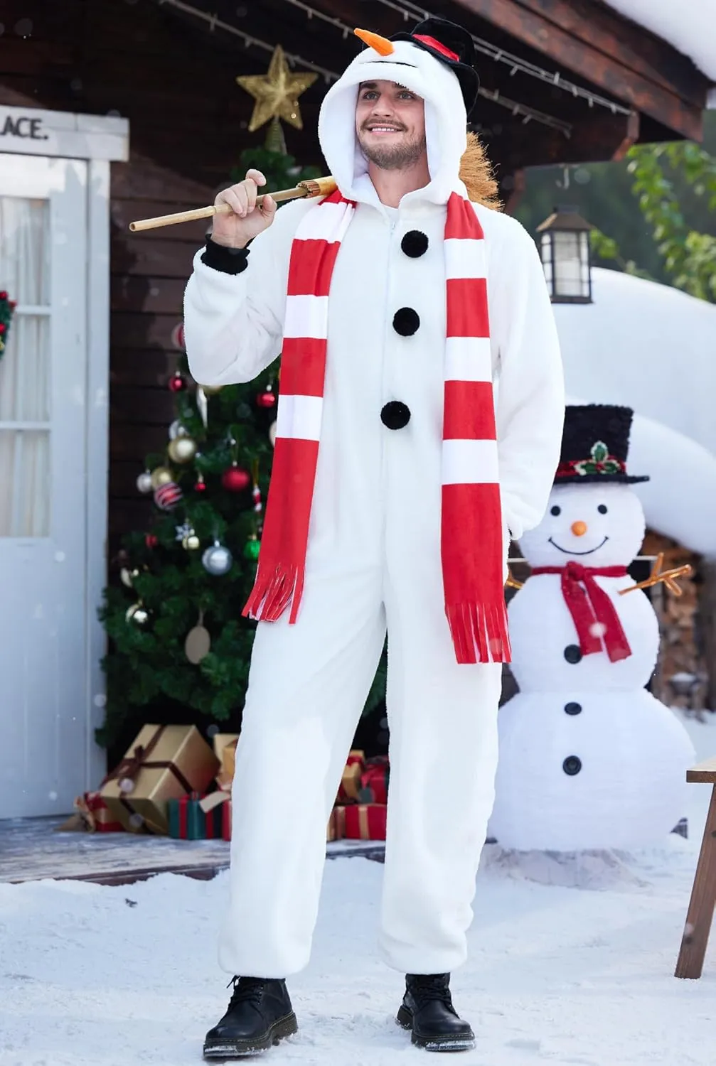 Arvilhill Men's 2 Pcs Christmas Santa Snowman Onesie Fleece Classic Funny Festival Xmas Costumes (S-XXL)