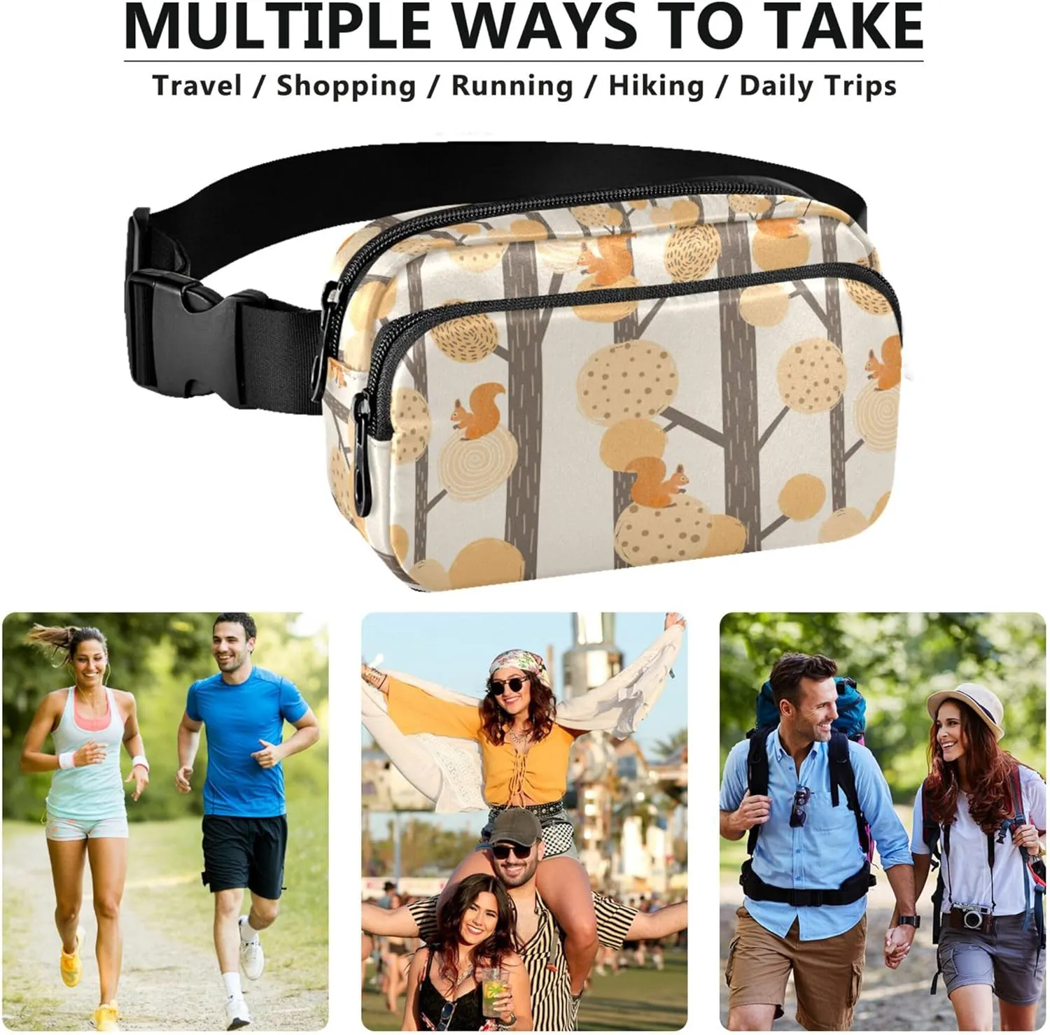 Autumn Forest Squirrel Women Fanny Pack Bright Colored Large Hip Belt Bag Waterproof Travel Waist Pack for Men