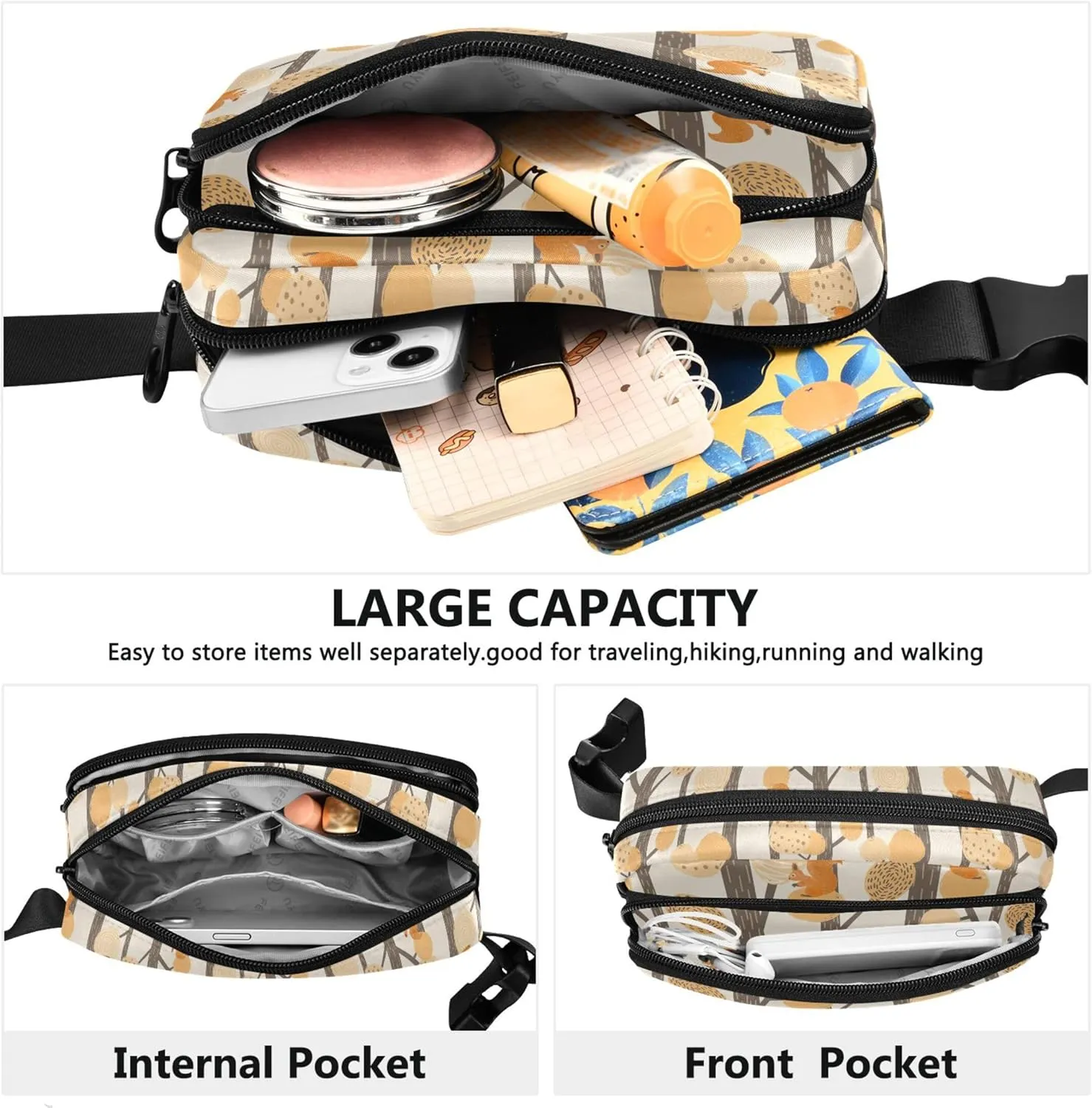 Autumn Forest Squirrel Women Fanny Pack Bright Colored Large Hip Belt Bag Waterproof Travel Waist Pack for Men