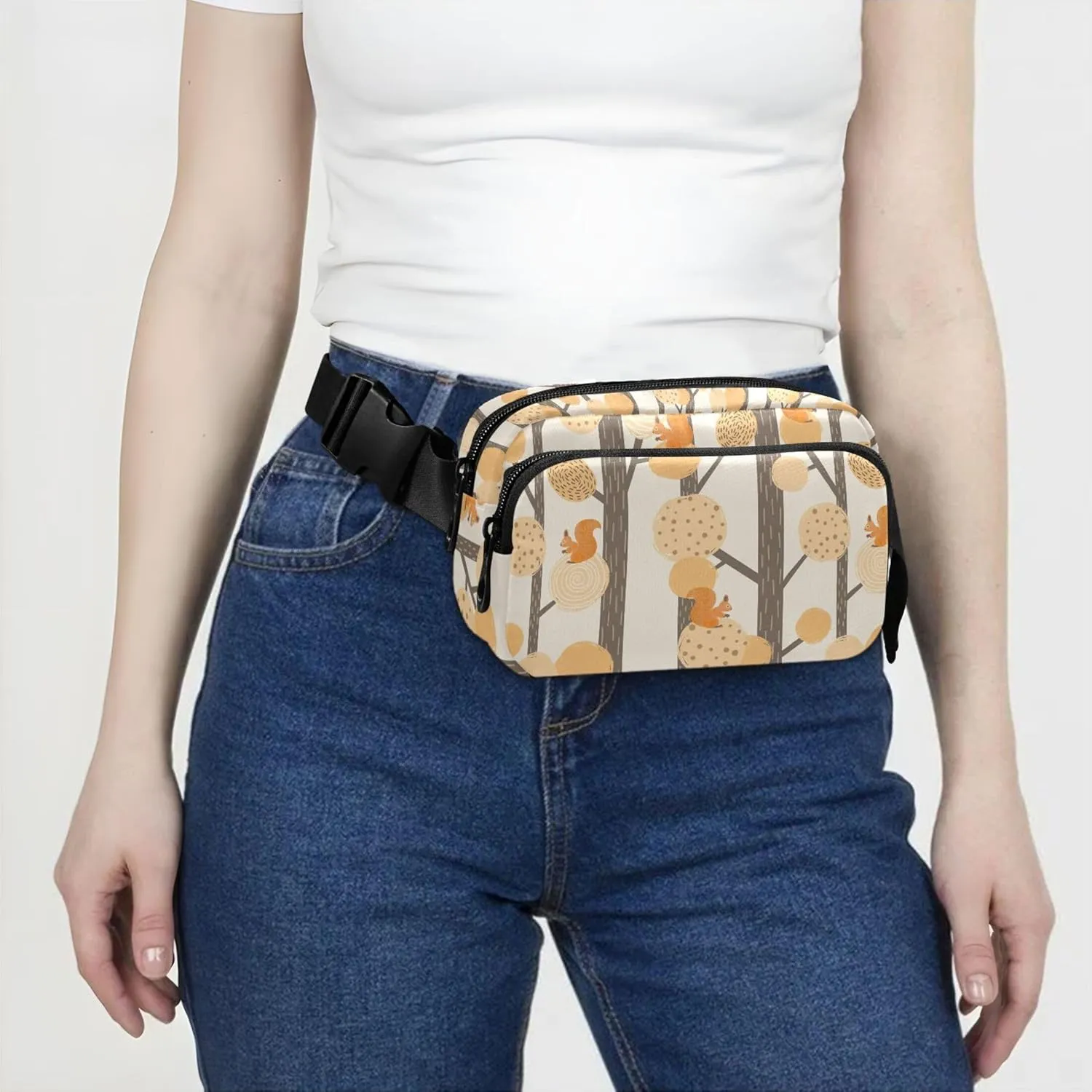 Autumn Forest Squirrel Women Fanny Pack Bright Colored Large Hip Belt Bag Waterproof Travel Waist Pack for Men