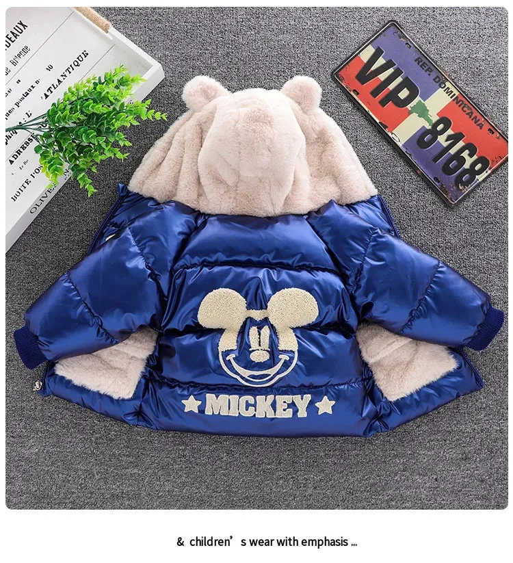 Baby Girls Boys down Jacket 2024 Winter Coats Children Clothes Mickey Mouse Hooded Windbreaker Coat for Kids Warm Plush Parka