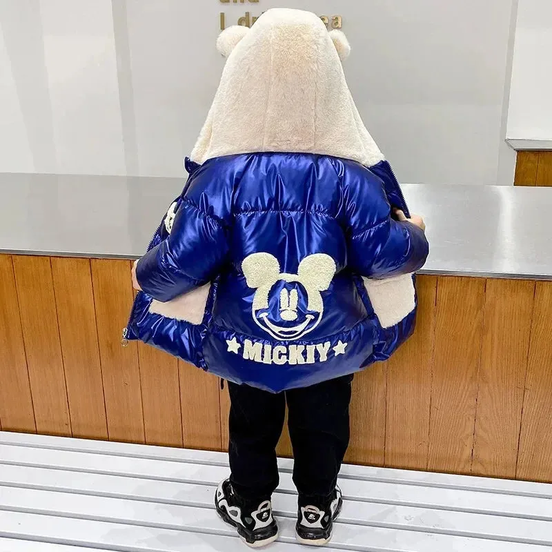 Baby Girls Boys down Jacket 2024 Winter Coats Children Clothes Mickey Mouse Hooded Windbreaker Coat for Kids Warm Plush Parka