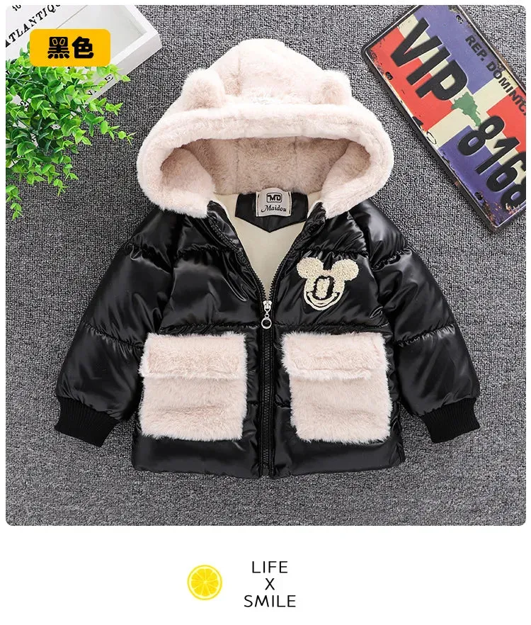 Baby Girls Boys down Jacket 2024 Winter Coats Children Clothes Mickey Mouse Hooded Windbreaker Coat for Kids Warm Plush Parka