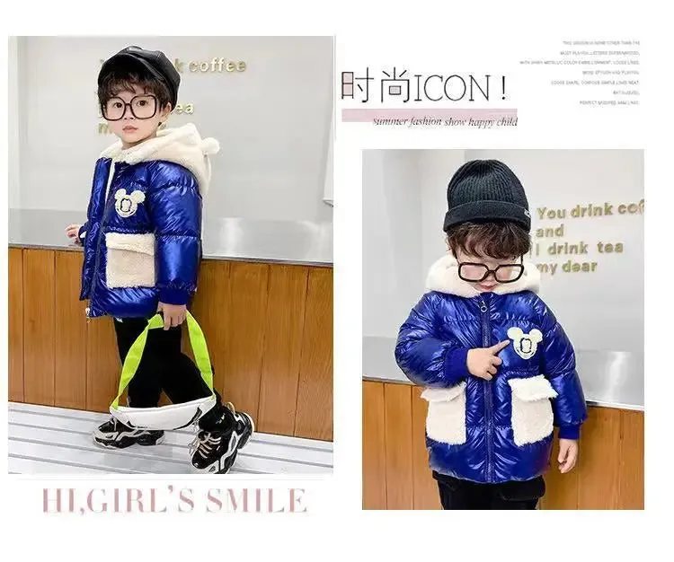 Baby Girls Boys down Jacket 2024 Winter Coats Children Clothes Mickey Mouse Hooded Windbreaker Coat for Kids Warm Plush Parka