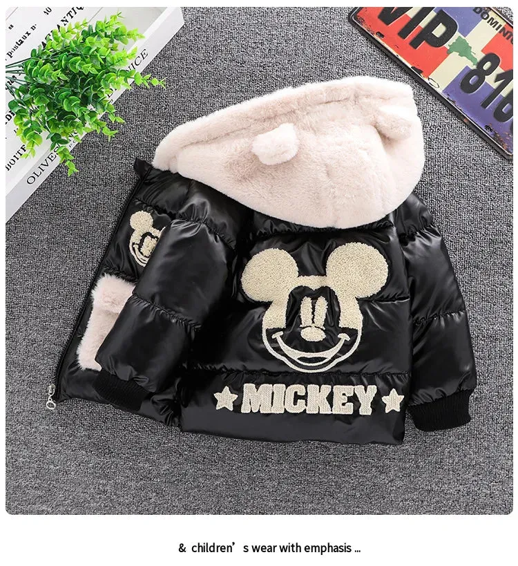 Baby Girls Boys down Jacket 2024 Winter Coats Children Clothes Mickey Mouse Hooded Windbreaker Coat for Kids Warm Plush Parka