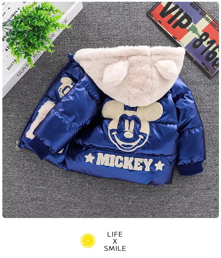 Baby Girls Boys down Jacket 2024 Winter Coats Children Clothes Mickey Mouse Hooded Windbreaker Coat for Kids Warm Plush Parka