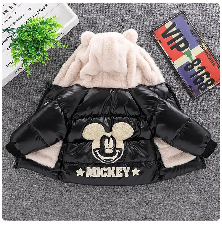 Baby Girls Boys down Jacket 2024 Winter Coats Children Clothes Mickey Mouse Hooded Windbreaker Coat for Kids Warm Plush Parka