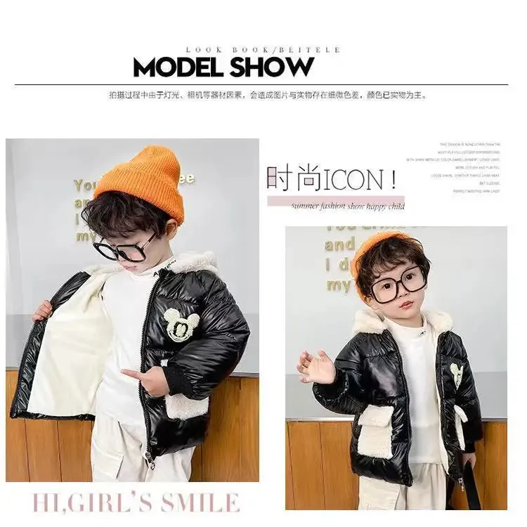Baby Girls Boys down Jacket 2024 Winter Coats Children Clothes Mickey Mouse Hooded Windbreaker Coat for Kids Warm Plush Parka